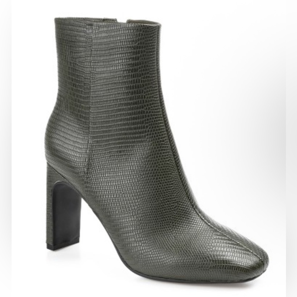 Journee Collection Sarah Block Heel Bootie Olive Green Lizard Texture Zip 12‎